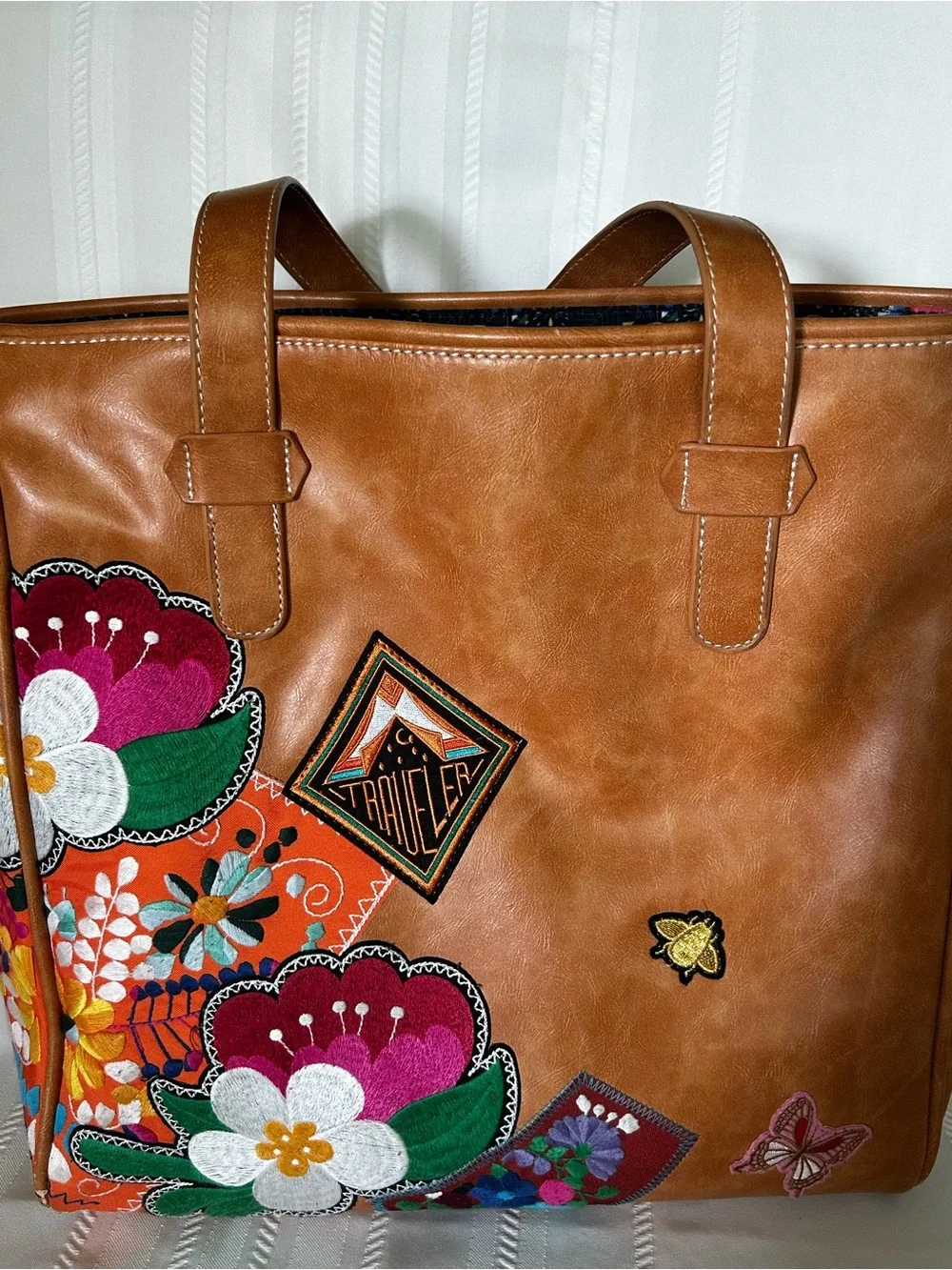 Plunder Tote Bag Camel Brown Faux Leather Multicolor Floral Bee Butterfly Patch